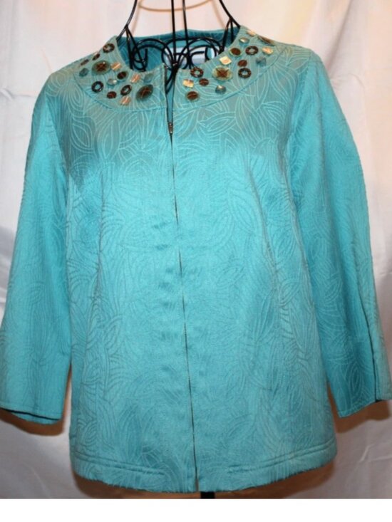 Alfred Dunner Green Blazer Beaded Collar 8 Petite Zip Front Jacket Cotton Blend - Picture 1 of 4